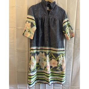 Vintage House Coat Dress L/XL Cotton Navy Polka Dot Floral Full Zip Grandma Robe